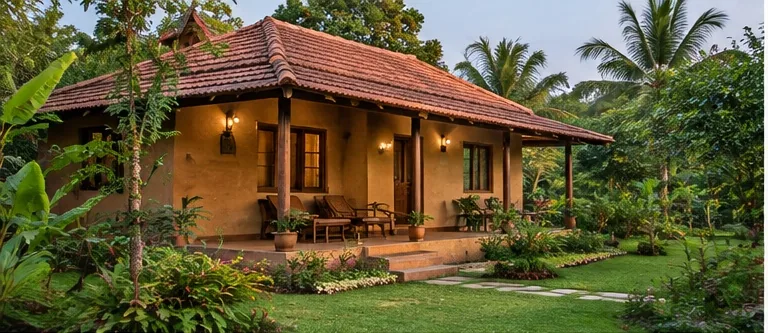 Traditional Indian rural hut surrounded by greenery