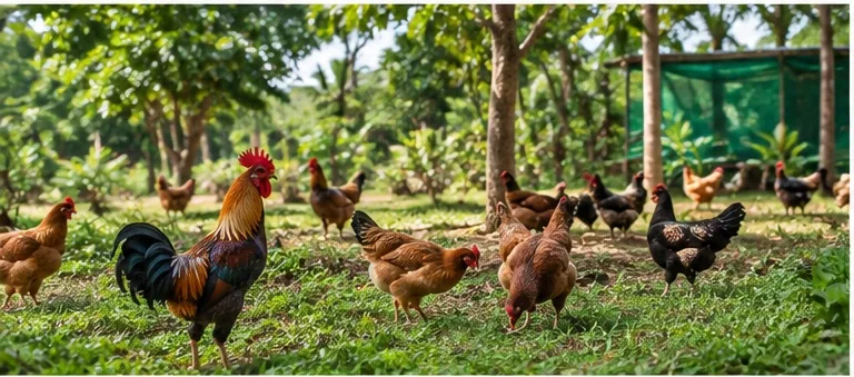 Free-range chickens on a rural farm in India